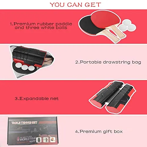 ACEBON Sport Ping Pong Paddle Set with Retractable Table Tennis Net, Two Premium Paddles, Three Balls, and Portable Cover Case Bag to Go Anywhere (Red)