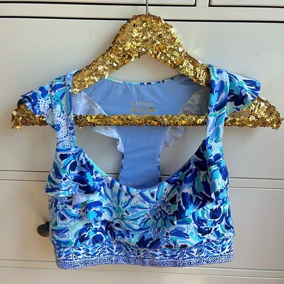 Lilly Pulitzer LUXLETIC ANGELIQUE SPORTS BRA IN IRIS BLUE HIGH MAINTENAN…