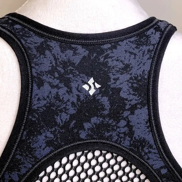 NWT NUX Blue and Black Floral Medium Compression w/Mesh Back Sports Bra Small