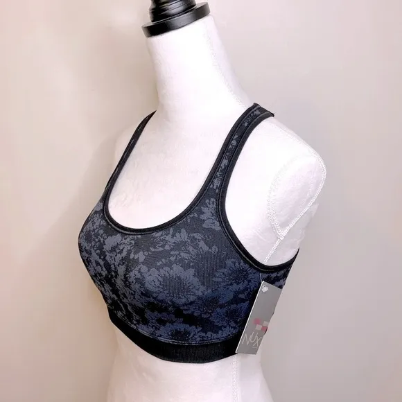 NWT NUX Blue and Black Floral Medium Compression w/Mesh Back Sports Bra Small