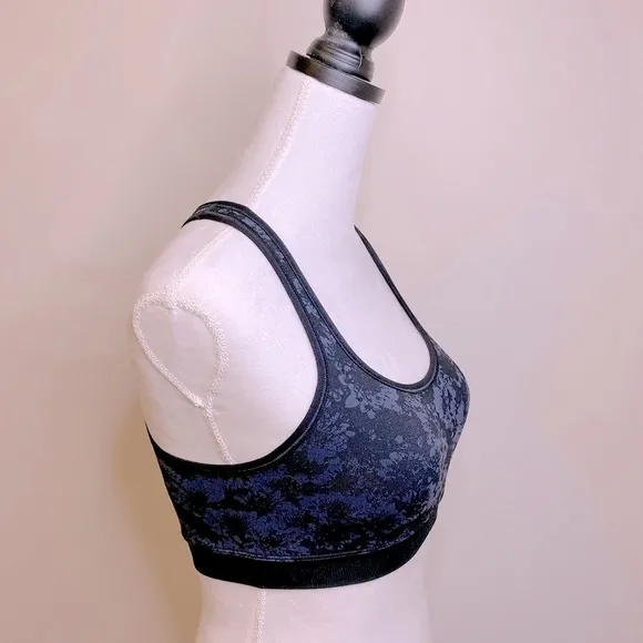 NWT NUX Blue and Black Floral Medium Compression w/Mesh Back Sports Bra Small
