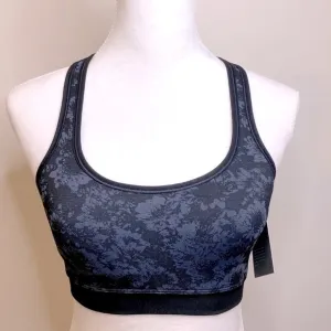 NWT NUX Blue and Black Floral Medium Compression w/Mesh Back Sports Bra Small