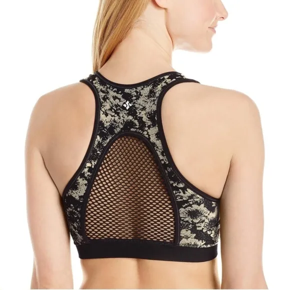 NWT NUX Blue and Black Floral Medium Compression w/Mesh Back Sports Bra Small
