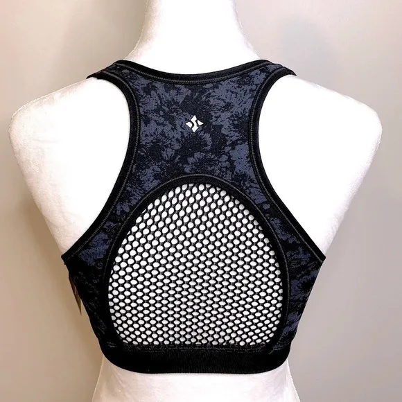 NWT NUX Blue and Black Floral Medium Compression w/Mesh Back Sports Bra Small
