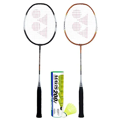 Yonex ZR 100 Light Badminton Combo (Set of 2 Yonex ZR 100 Light Badminton Racquet with Full Cover Black/Orange   Mavis 200I Shuttlecock Pack of 6)