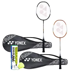 Yonex ZR 100 Light Badminton Combo (Set of 2 Yonex ZR 100 Light Badminton Racquet with Full Cover Black/Orange   Mavis 200I Shuttlecock Pack of 6)